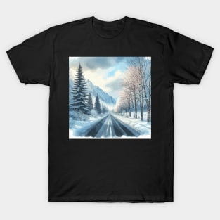 Winter Mountain Forest Road Landscape T-Shirt